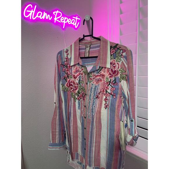 Aratta Floral Embroidered Striped Shirt - Picture 1 of 3